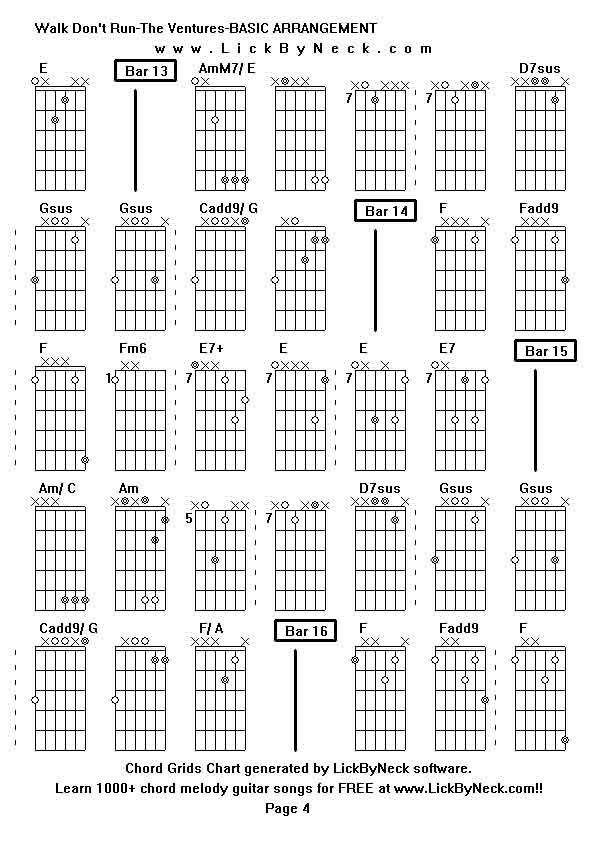 Chord Grids Chart of chord melody fingerstyle guitar song-Walk Don't Run-The Ventures-BASIC ARRANGEMENT,generated by LickByNeck software.